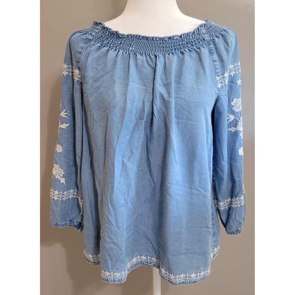 J. Jill Denim Floral Embroidered Peasant Blouse